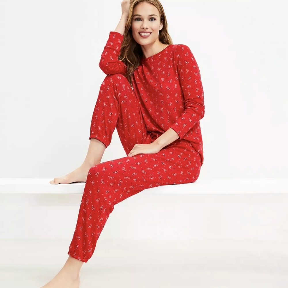 NWT Loft Cozy Candy Bow Pajama Set In Tango Red Size Large
